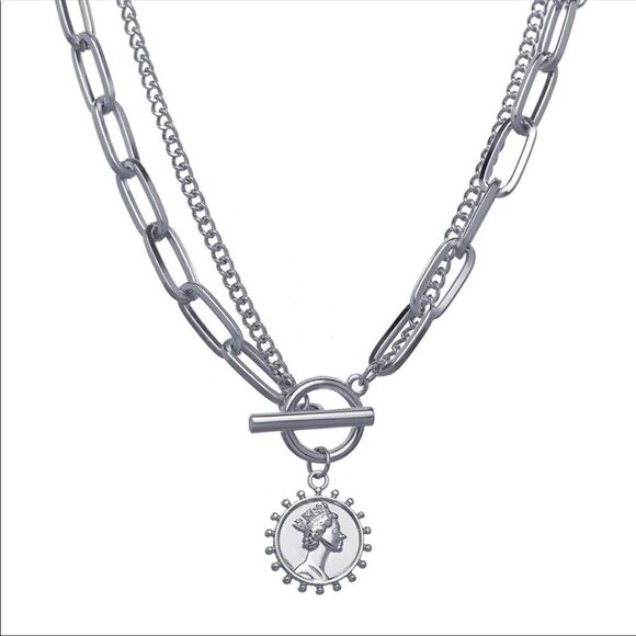 Necklace double chain Coin Silver Alloy versatile cute - Picture 2 of 7